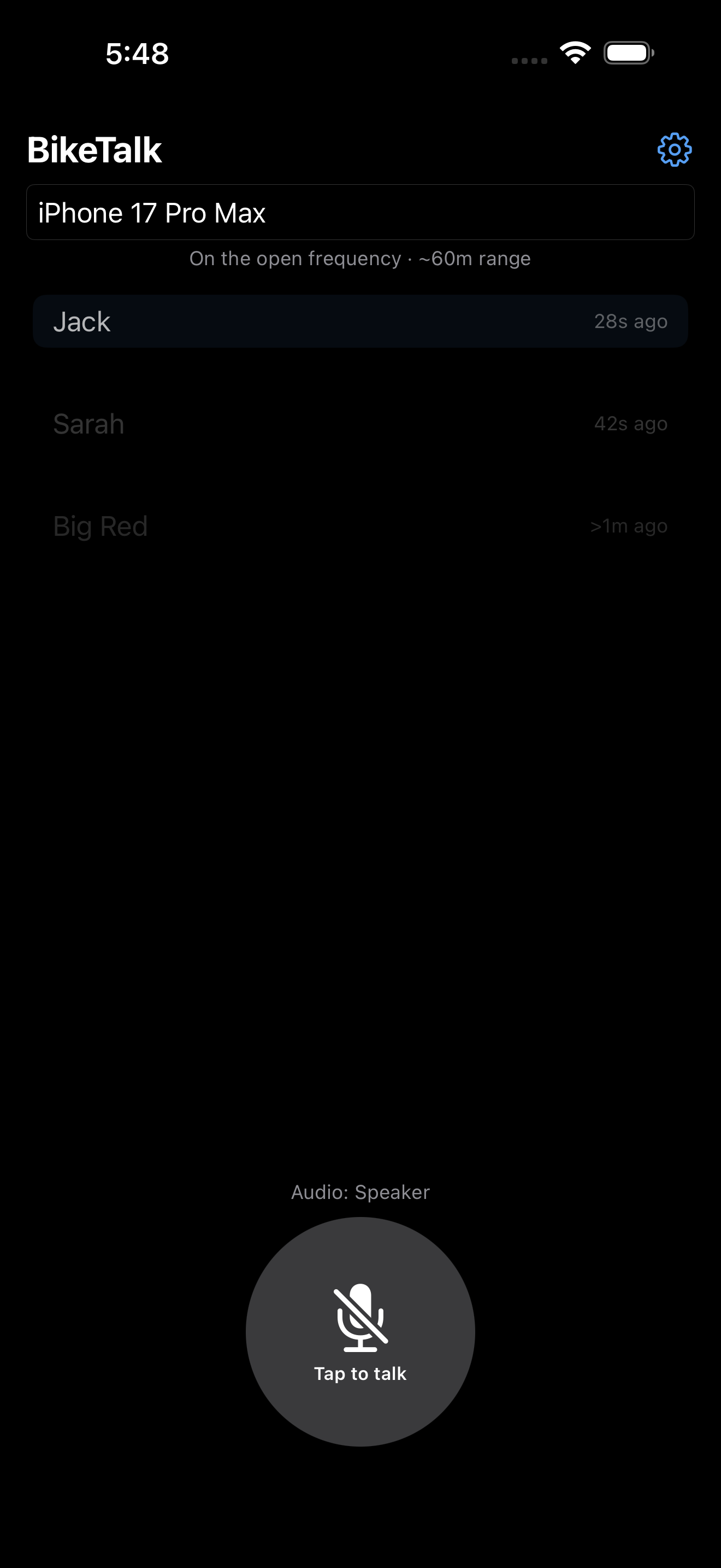 BikeTalk app showing nearby riders Jack, Sarah, and Big Red with a tap-to-talk button